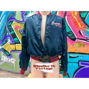 ATLANTA BRAVES Vintage Bomber Jacket Size Large | Blue And Red (By Chalkline)